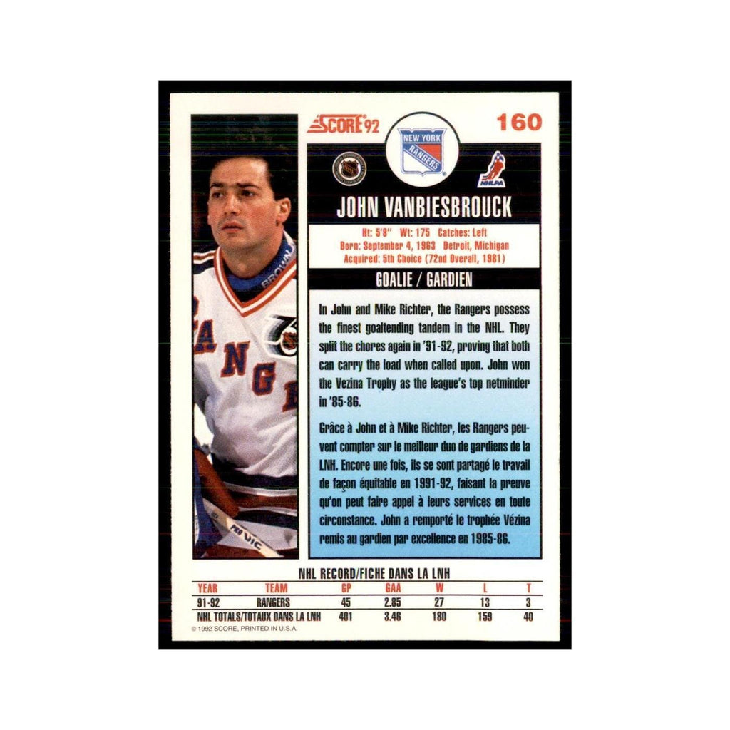 1992 Score Canadian John Vanbiesbrouck New York Rangers #160