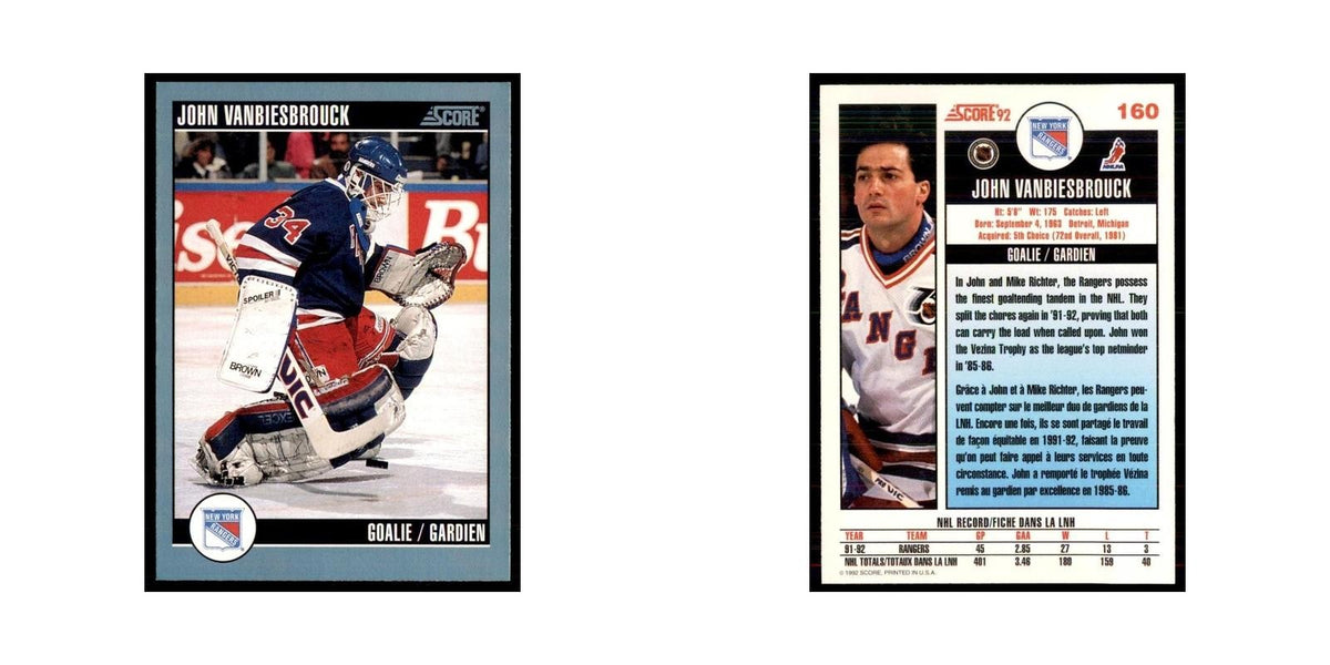 1992 Score Canadian John Vanbiesbrouck New York Rangers #160