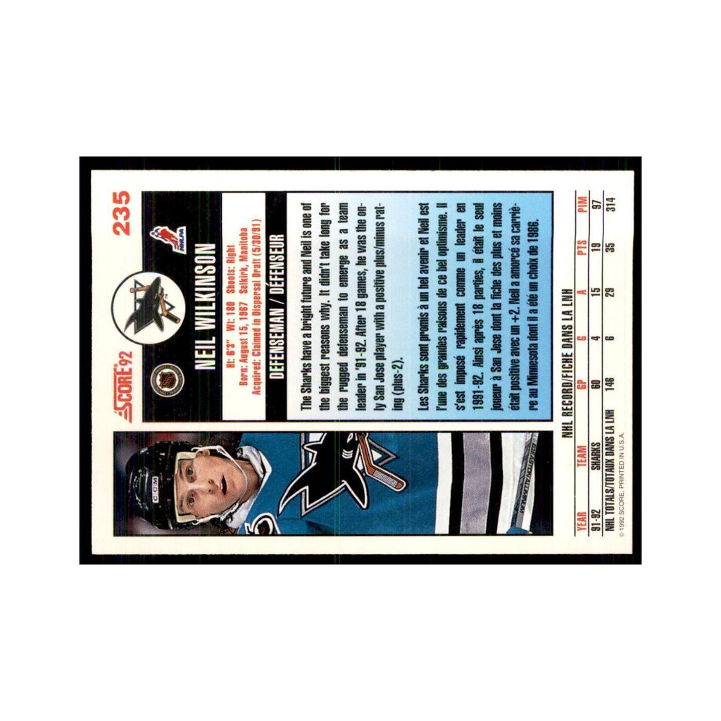 1992 Score Canadian Neil Wilkinson San Jose Sharks #235