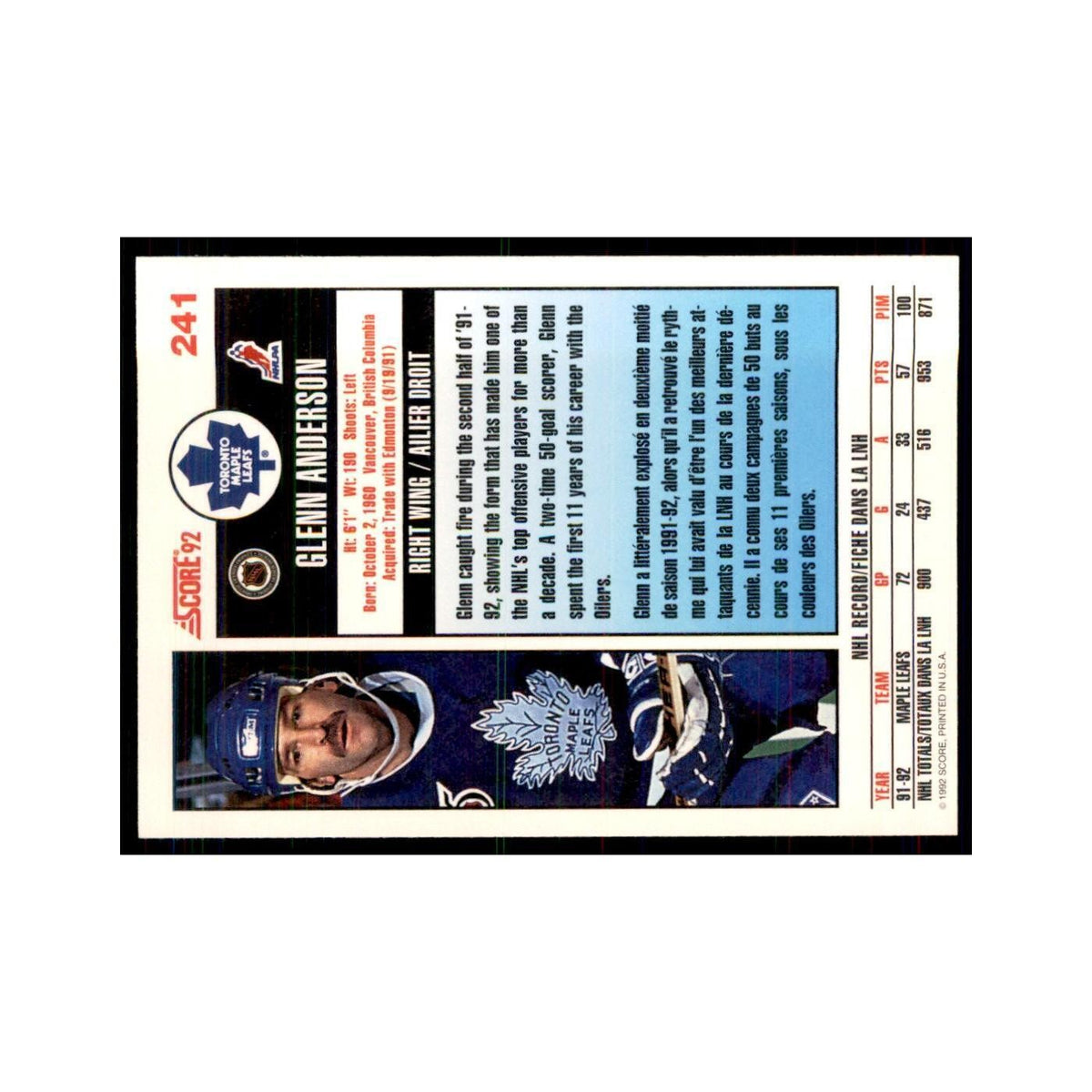 1992 Score Canadian Glenn Anderson Toronto Maple Leafs #241