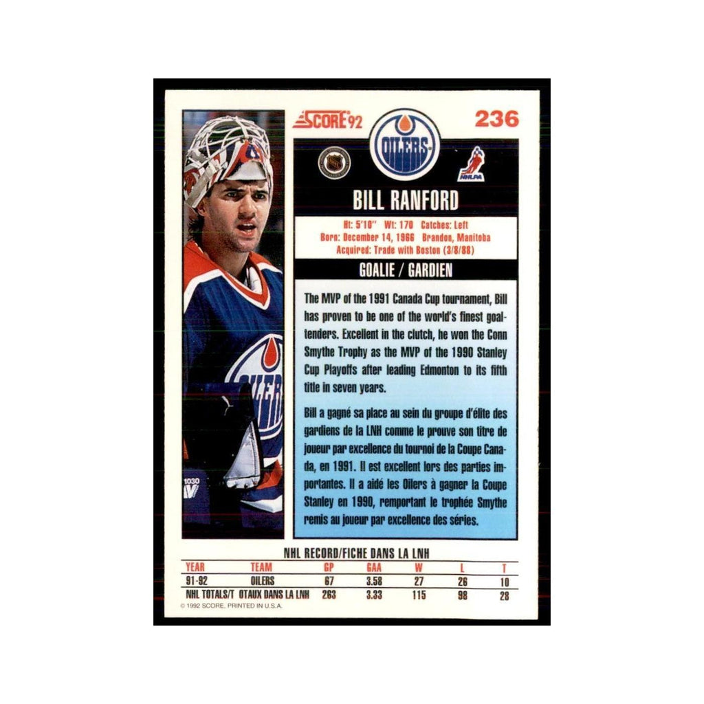 1992 Score Canadian Bill Ranford Edmonton Oilers #236
