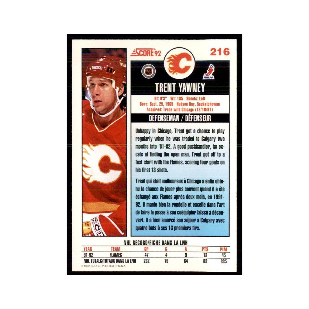 1992 Score Canadian Trent Yawney Calgary Flames #216