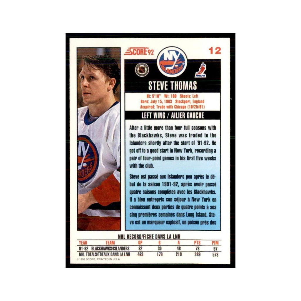 1992 Score Canadian Steve Thomas New York Islanders #12