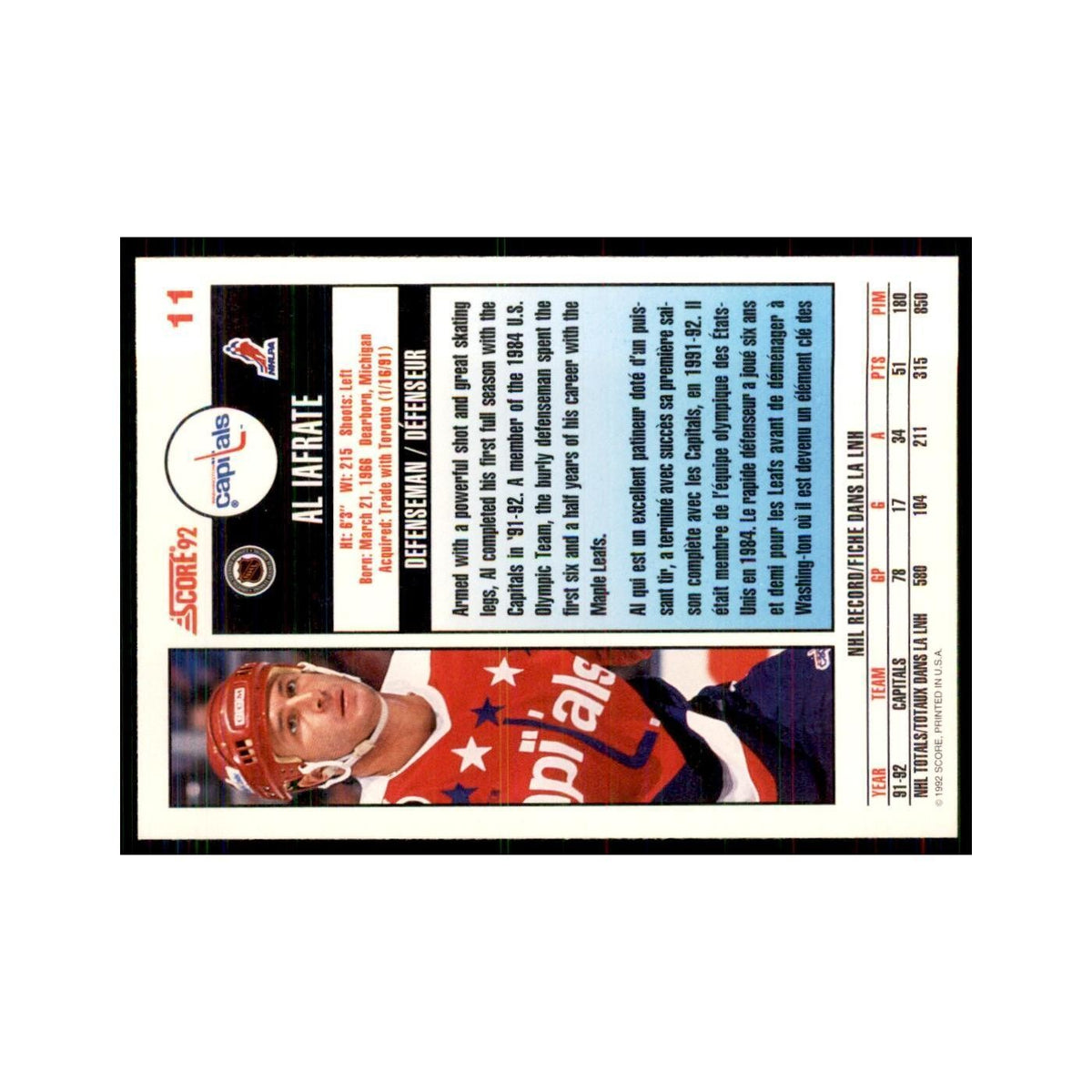 1992 Score Canadian Al Iafrate Washington Capitals #11
