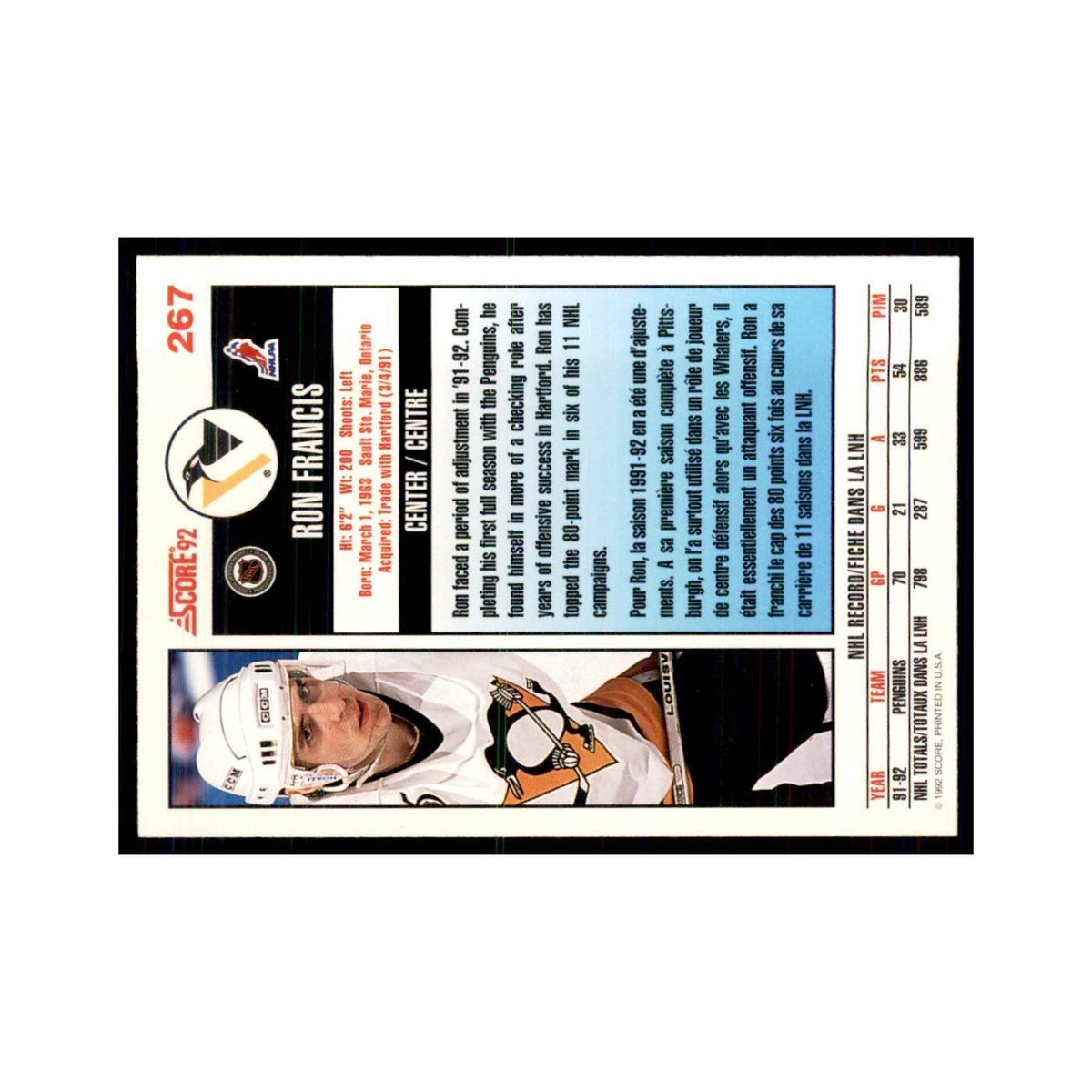 1992 Score Canadian Ron Francis Pittsburgh Penguins #267