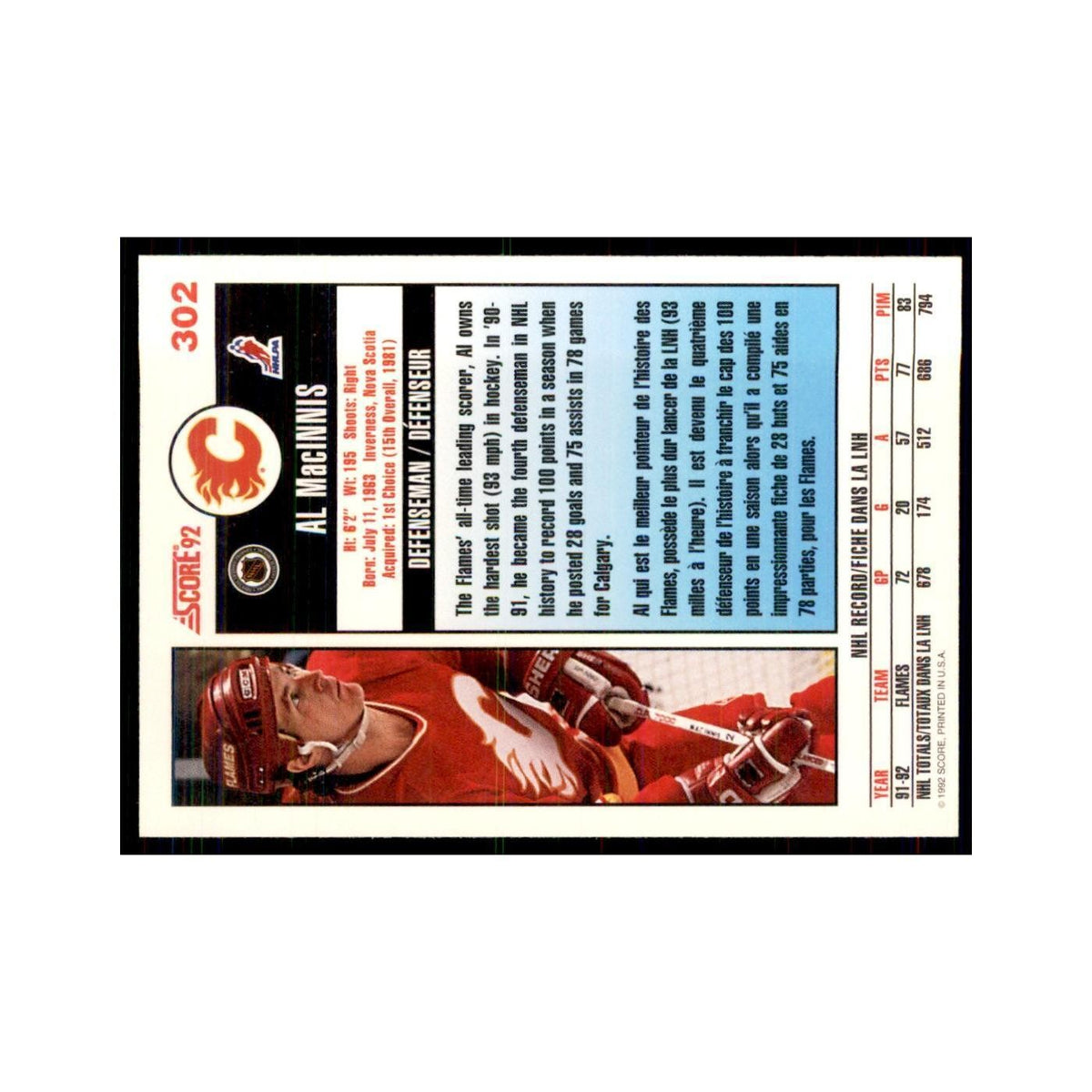 1992 Score Canadian Al MacInnis Calgary Flames #302