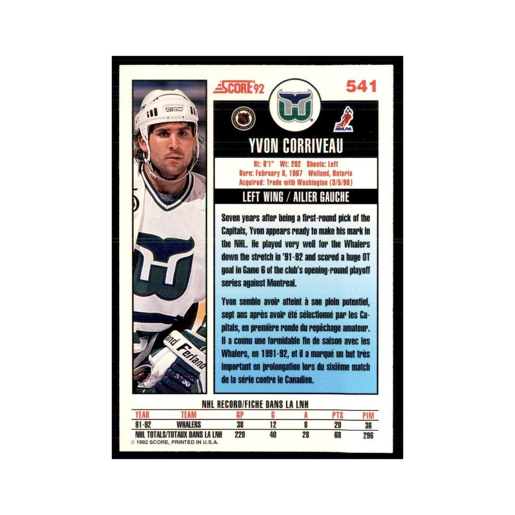 1992 Score Canadian Yvon Corriveau Hartford Whalers #541