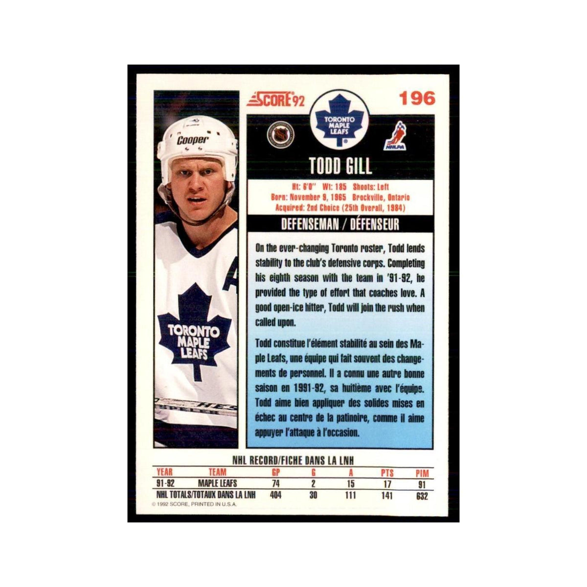 1992 Score Canadian Todd Gill Toronto Maple Leafs #196