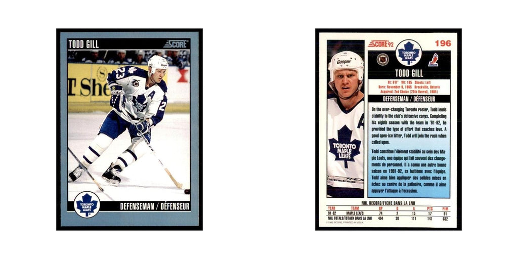 1992 Score Canadian Todd Gill Toronto Maple Leafs #196