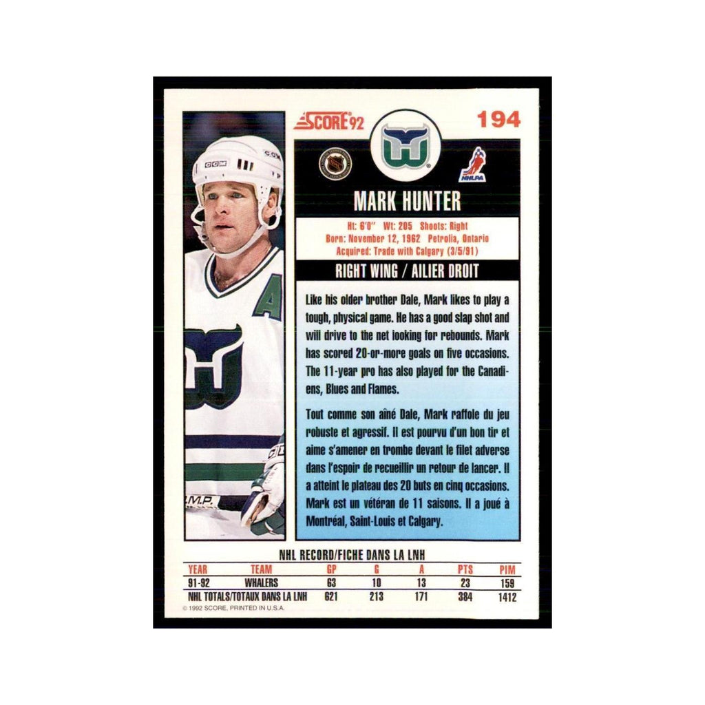 1992 Score Canadian Mark Hunter Hartford Whalers #194