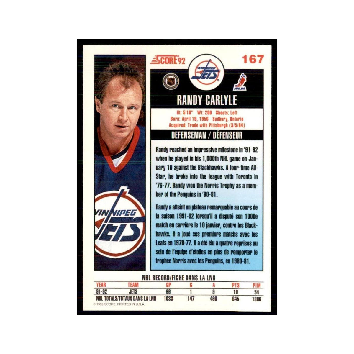1992 Score Canadian Randy Carlyle Winnipeg Jets #167