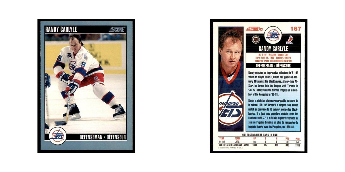 1992 Score Canadian Randy Carlyle Winnipeg Jets #167