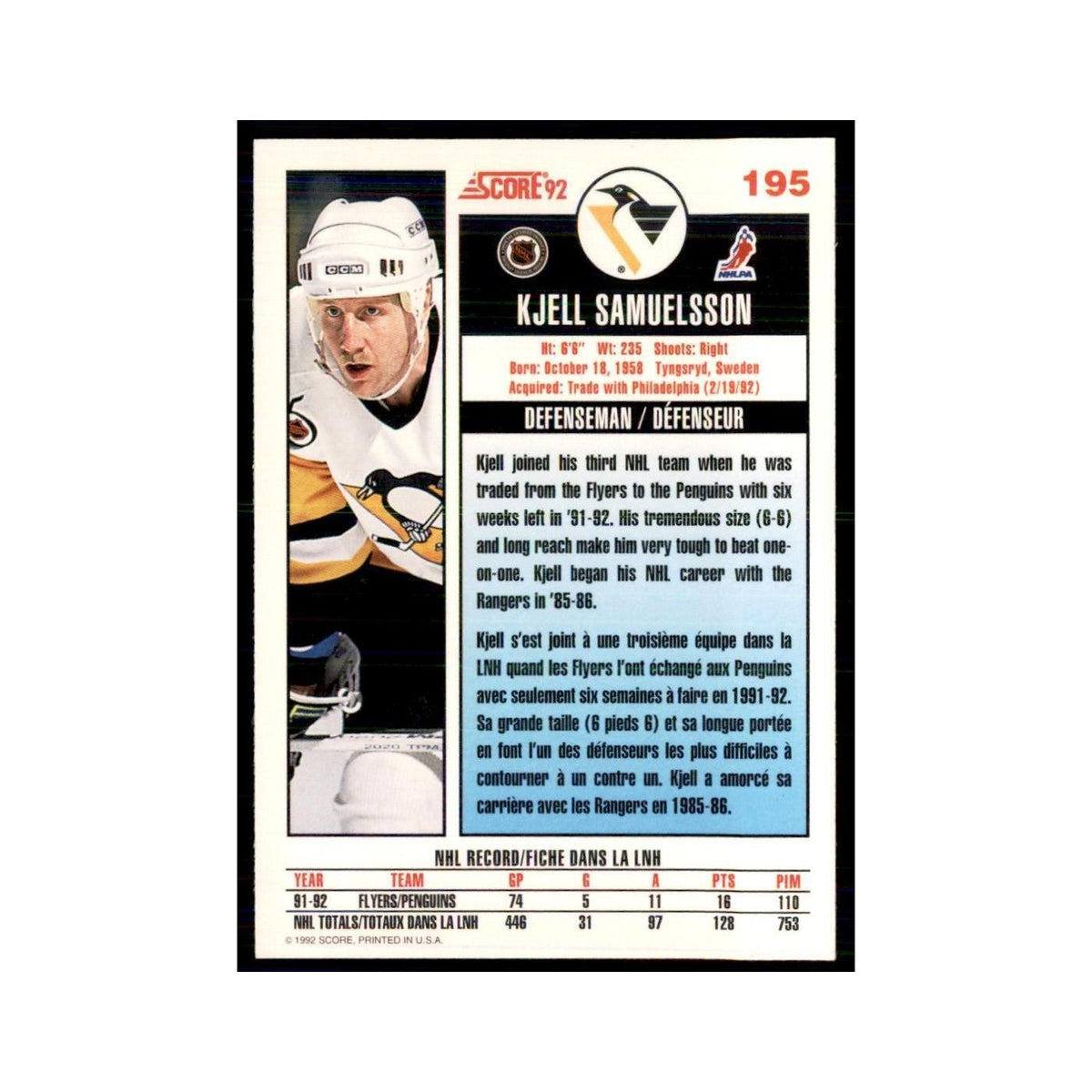 1992 Score Canadian Kjell Samuelsson Pittsburgh Penguins #195