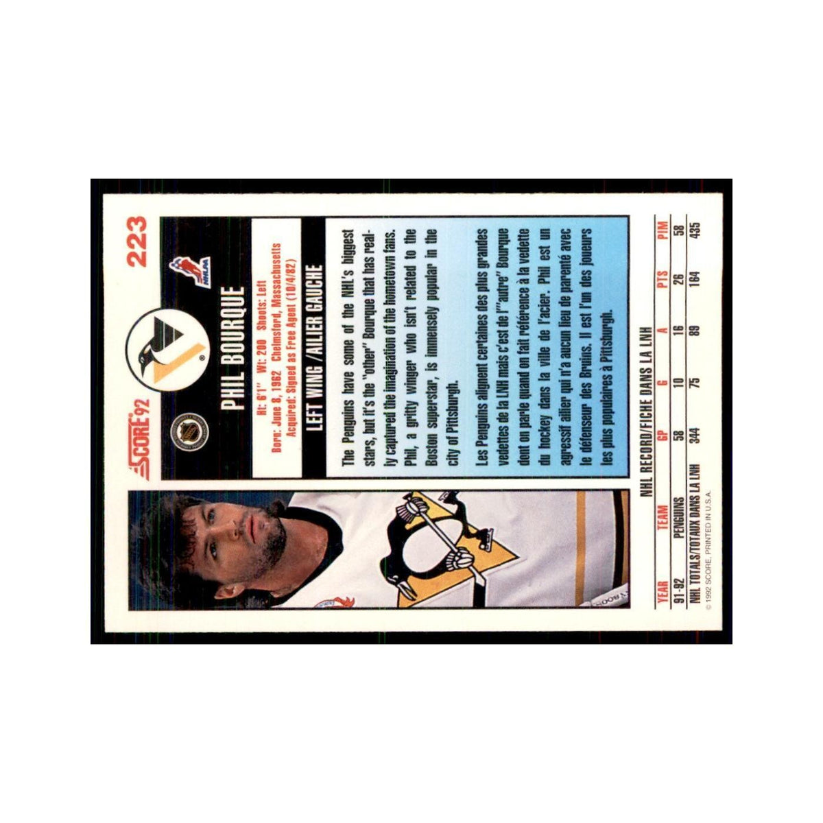 1992 Score Canadian Phil Bourque Pittsburgh Penguins #223