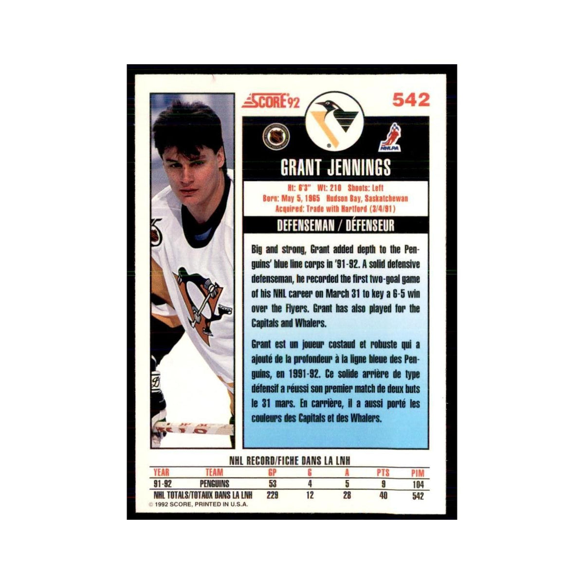 1992 Score Canadian Grant Jennings Pittsburgh Penguins #542