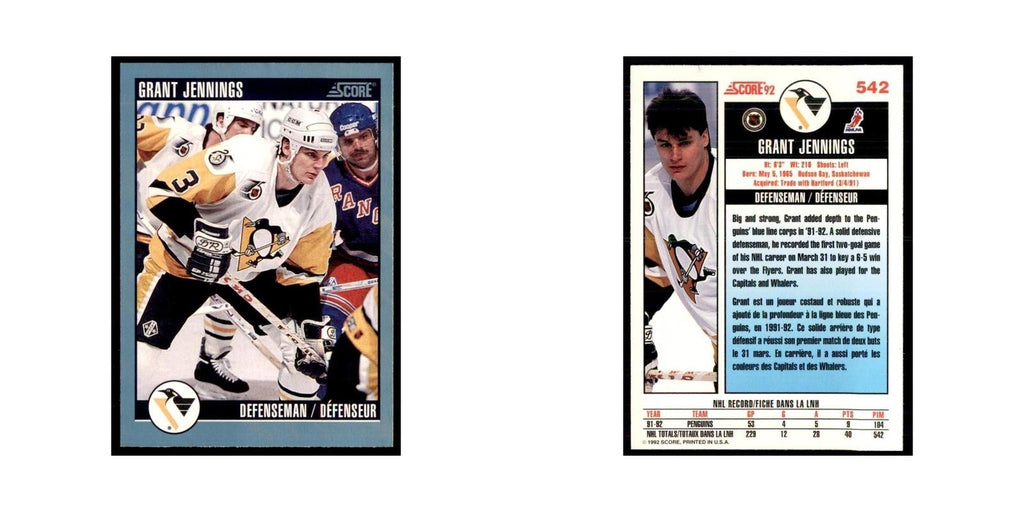 1992 Score Canadian Grant Jennings Pittsburgh Penguins #542