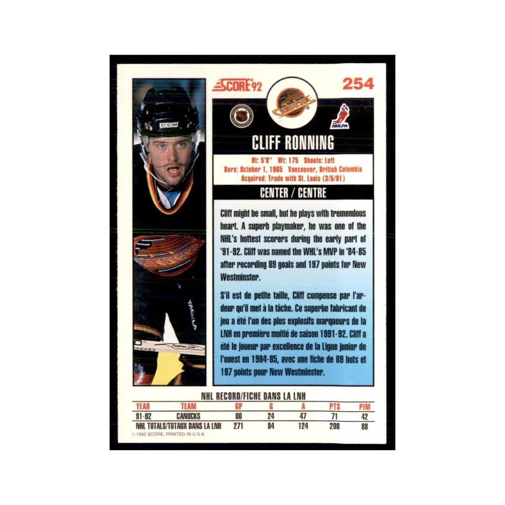 1992 Score Canadian Cliff Ronning Vancouver Canucks #254