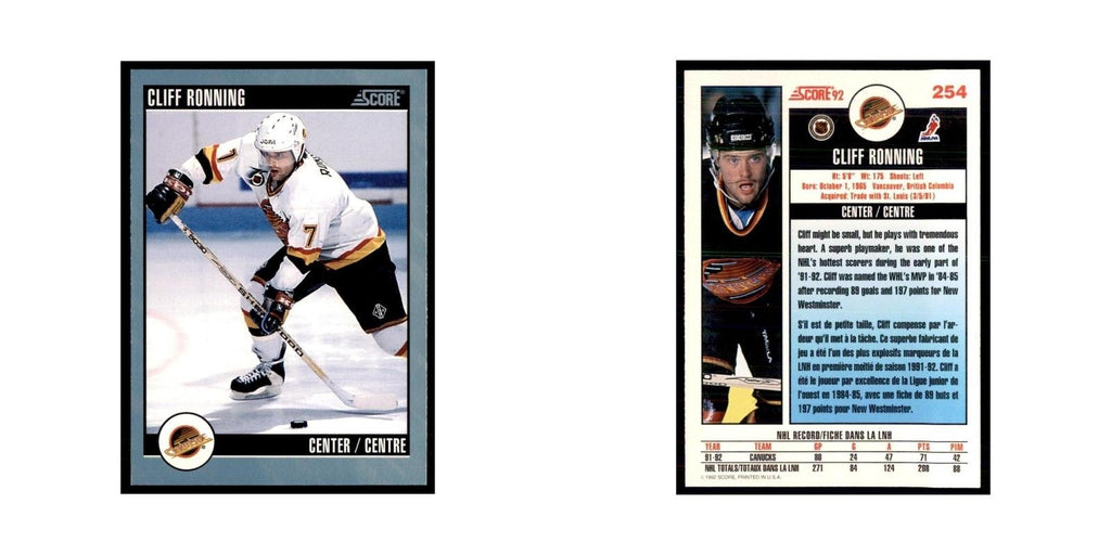 1992 Score Canadian Cliff Ronning Vancouver Canucks #254