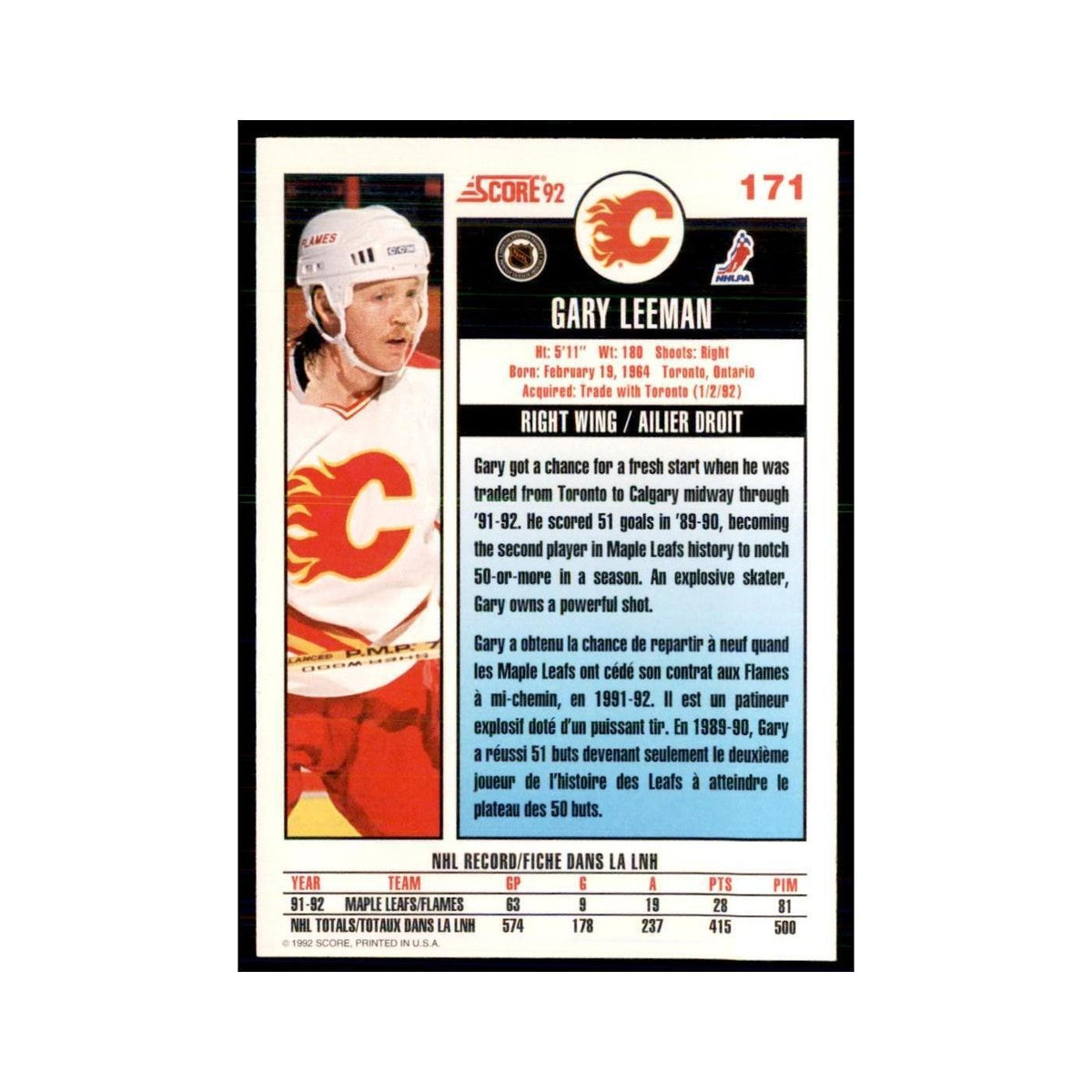 1992 Score Canadian Gary Leeman Calgary Flames #171