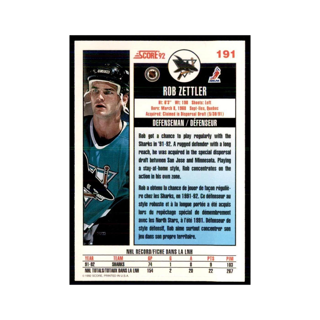 1992 Score Canadian Rob Zettler San Jose Sharks #191