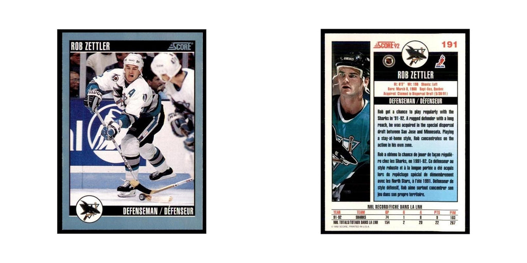 1992 Score Canadian Rob Zettler San Jose Sharks #191