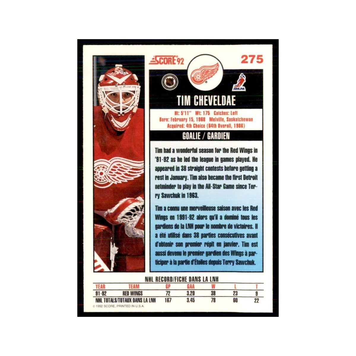 1992 Score Canadian Tim Cheveldae Detroit Red Wings #275