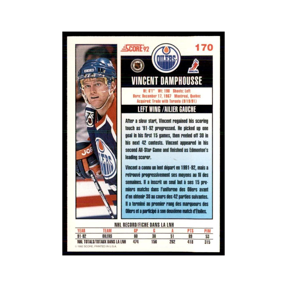 1992 Score Canadian Vincent Damphousse Edmonton Oilers #170