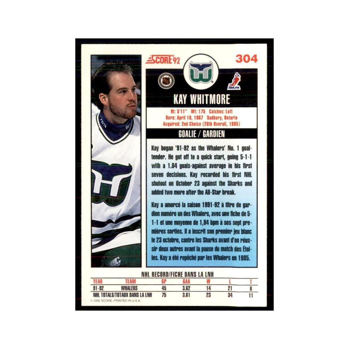 1992 Score Canadian Kay Whitmore Hartford Whalers #304