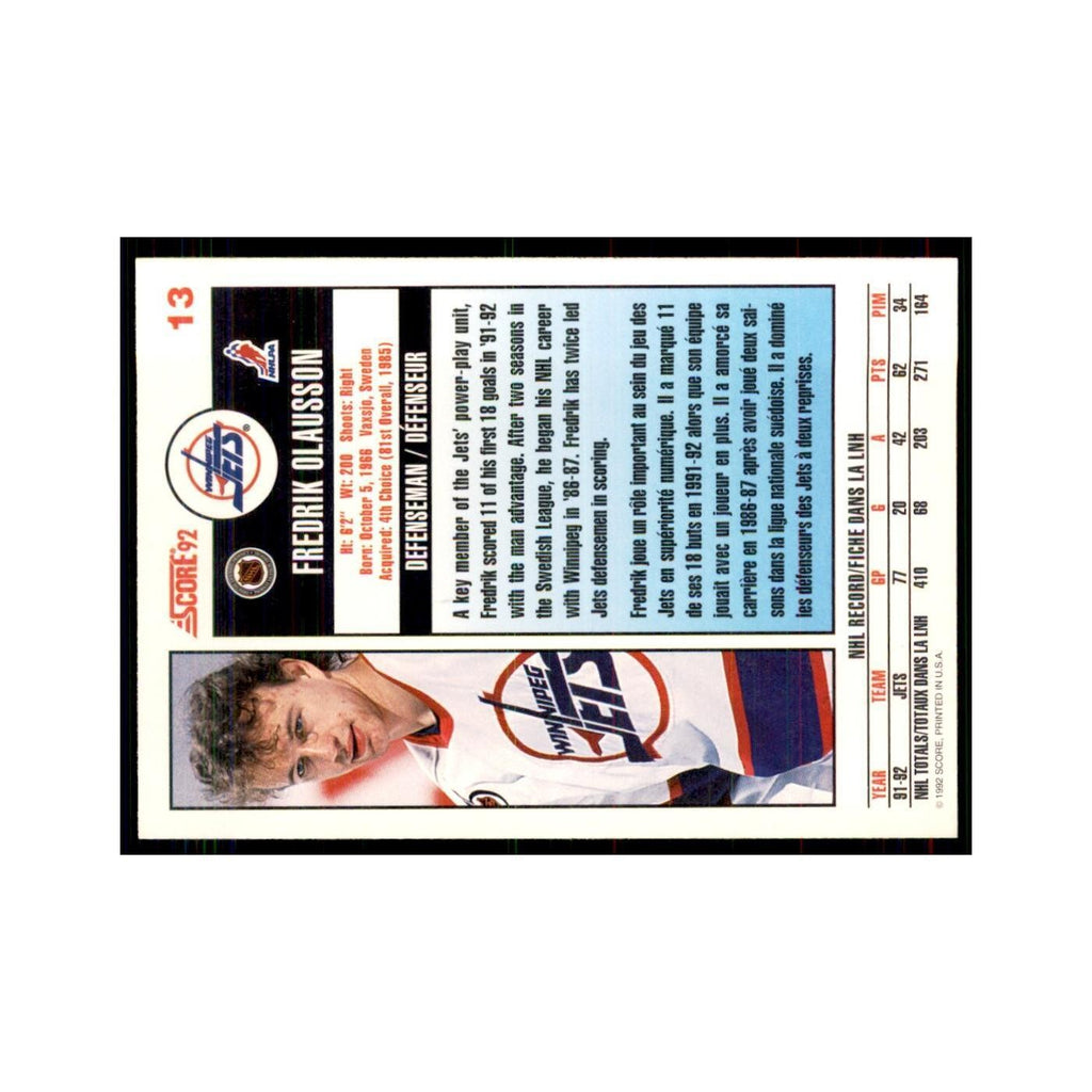 1992 Score Canadian Fredrik Olausson Winnipeg Jets #13