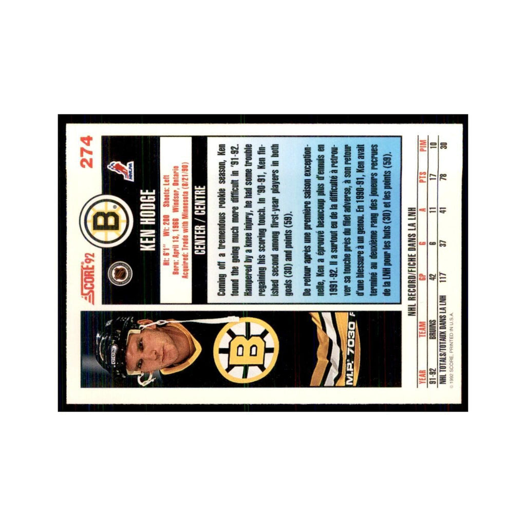 1992 Score Canadian Ken Hodge Boston Bruins #274