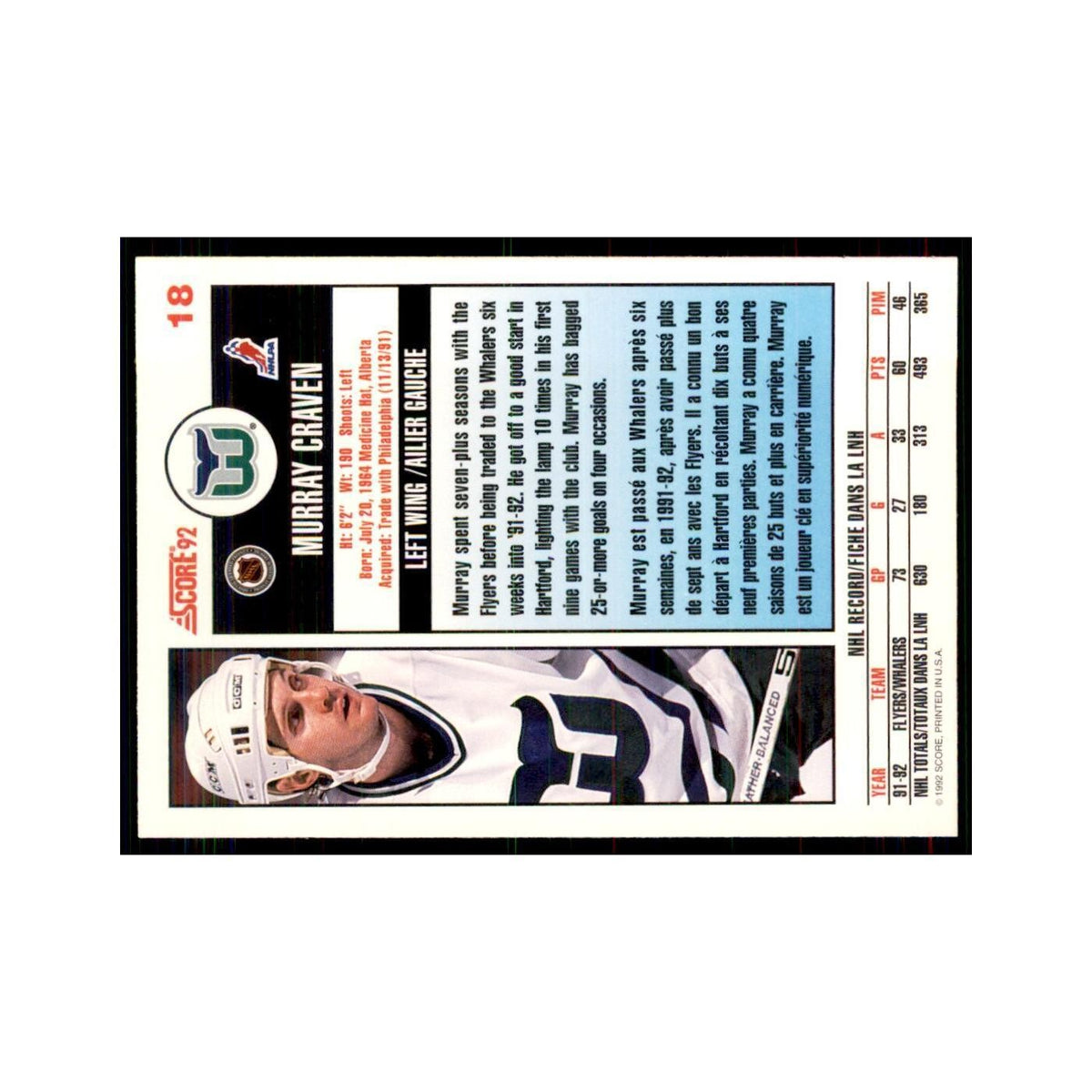 1992 Score Canadian Murray Craven Hartford Whalers #18