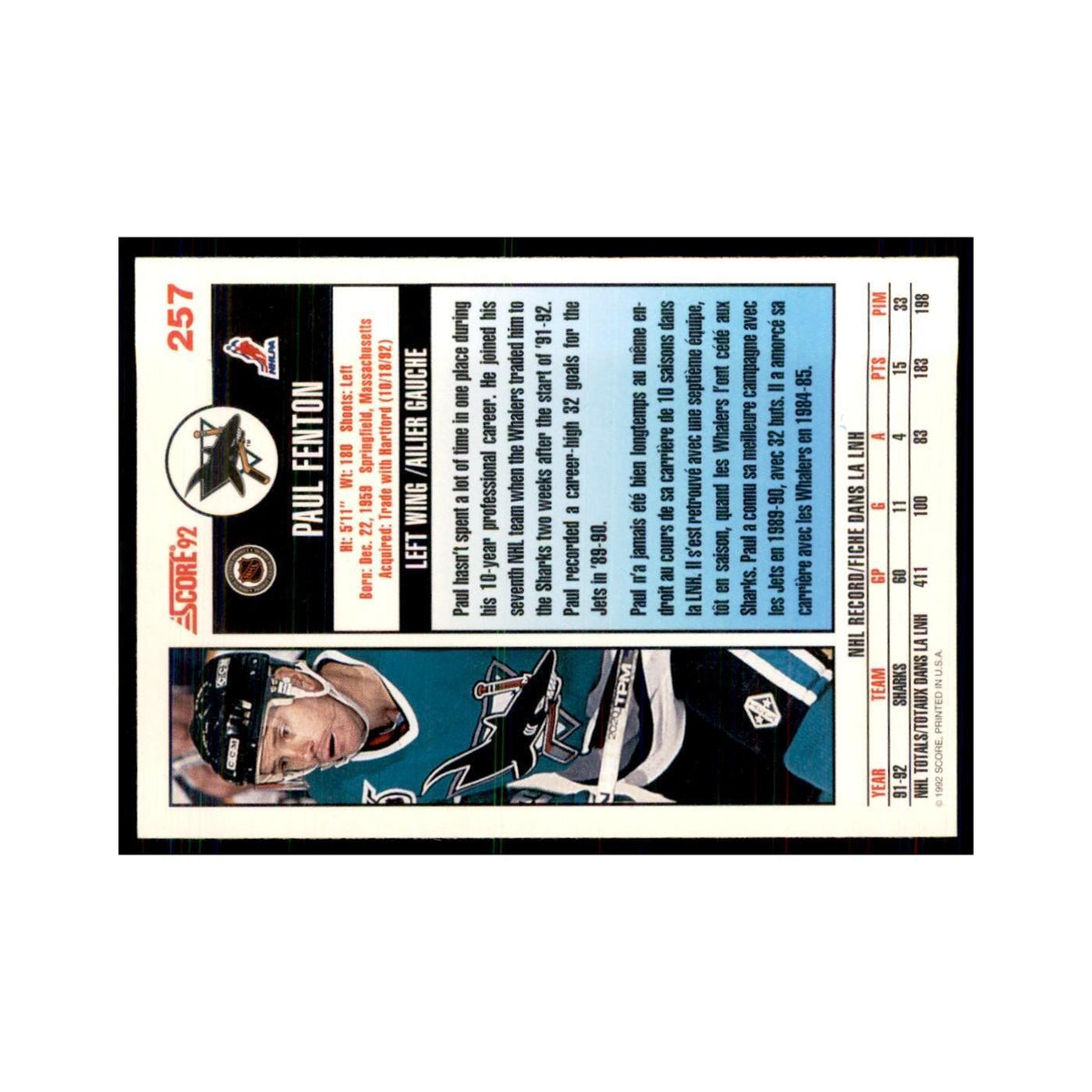 1992 Score Canadian Paul Fenton San Jose Sharks #257