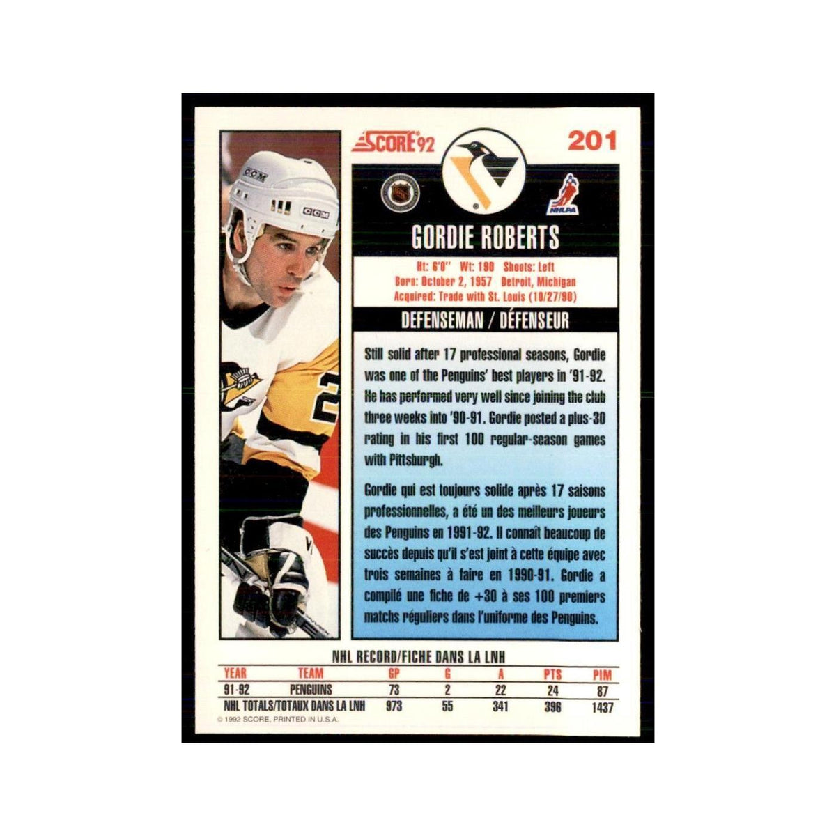 1992 Score Canadian Gordie Roberts Pittsburgh Penguins #201