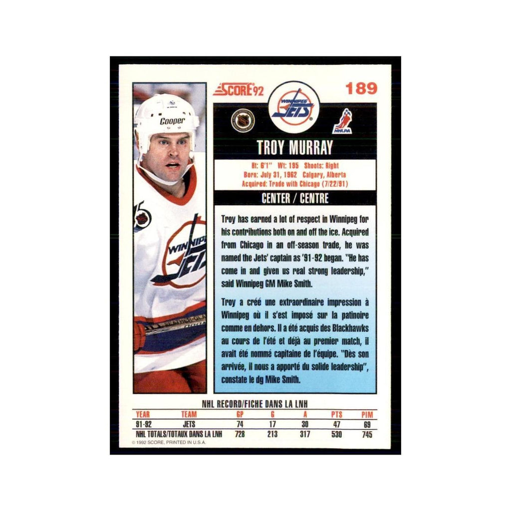 1992 Score Canadian Troy Murray Winnipeg Jets #189