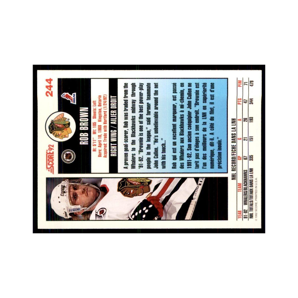 1992 Score Canadian Rob Brown Chicago Blackhawks #244
