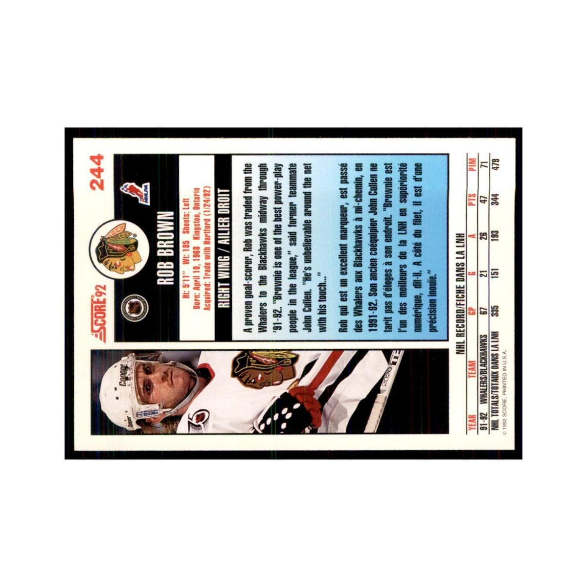 1992 Score Canadian Rob Brown Chicago Blackhawks #244