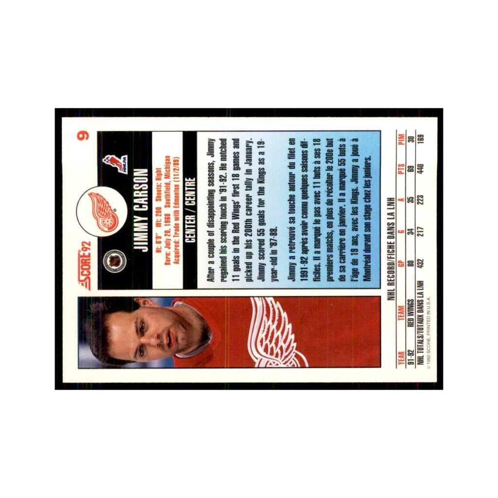 1992 Score Canadian Jimmy Carson Detroit Red Wings #9
