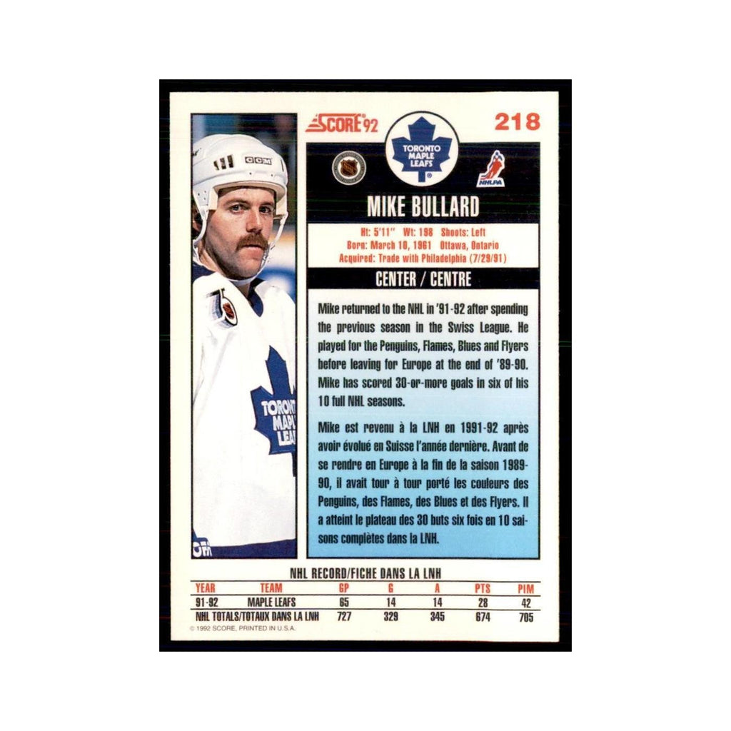 1992 Score Canadian Mike Bullard Toronto Maple Leafs #218