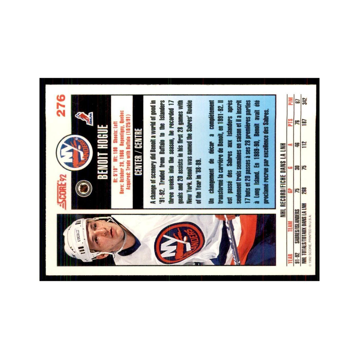 1992 Score Canadian Benoit Hogue New York Islanders #276