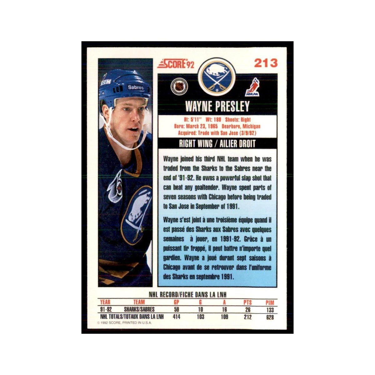 1992 Score Canadian Wayne Presley Buffalo Sabres #213