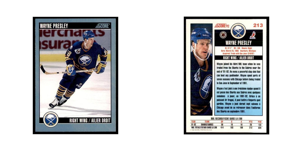 1992 Score Canadian Wayne Presley Buffalo Sabres #213