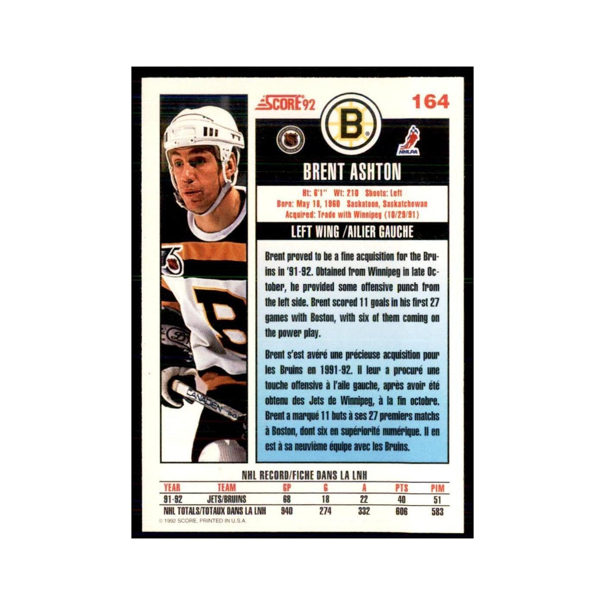 1992 Score Canadian Brent Ashton Boston Bruins #164