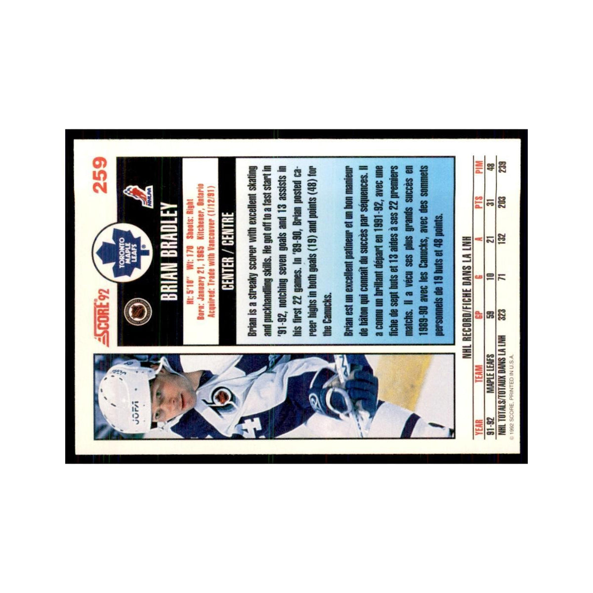 1992 Score Canadian Brian Bradley Toronto Maple Leafs #259