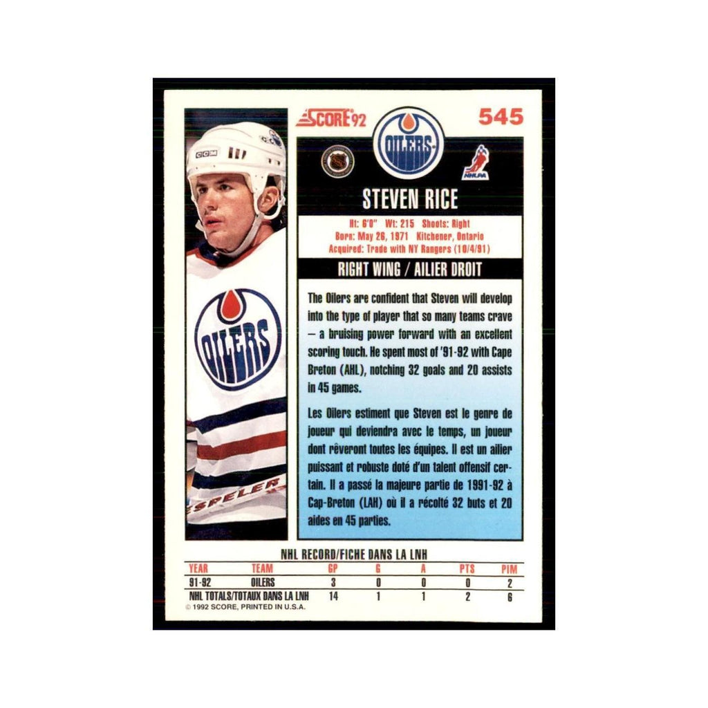 1992 Score Canadian Steven Rice Edmonton Oilers #545