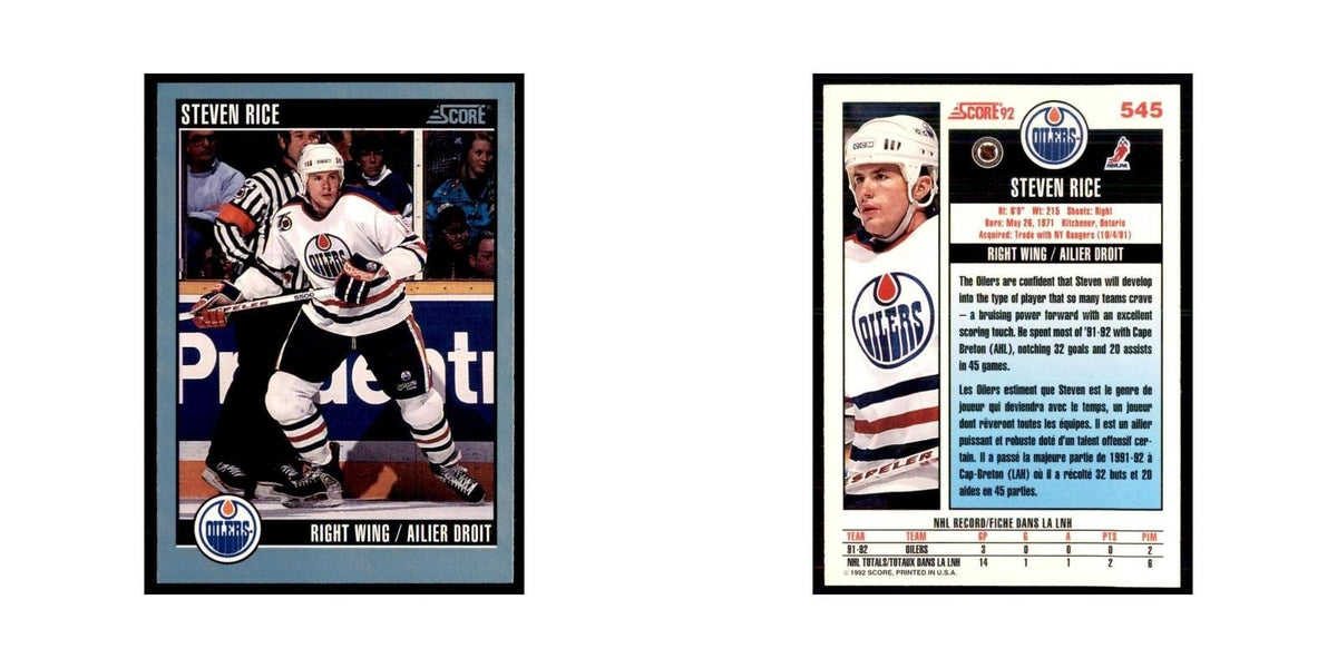 1992 Score Canadian Steven Rice Edmonton Oilers #545