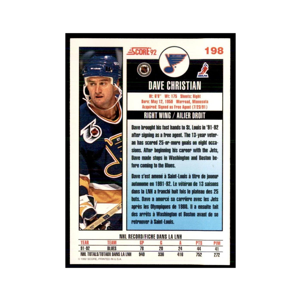 1992 Score Canadian Dave Christian St. Louis Blues #198