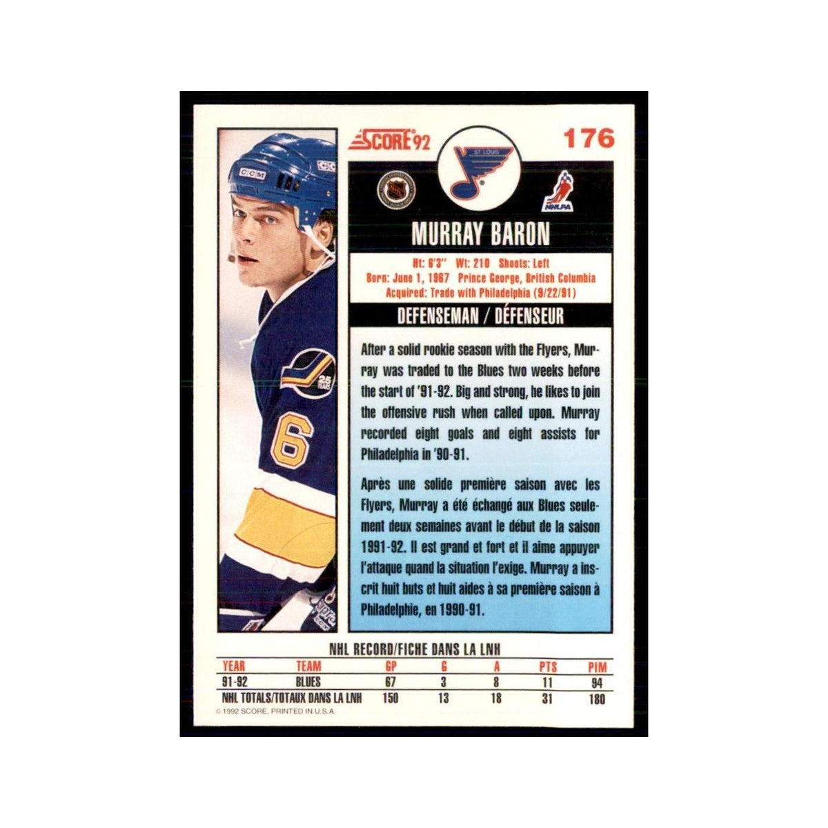 1992 Score Canadian Murray Baron St. Louis Blues #176