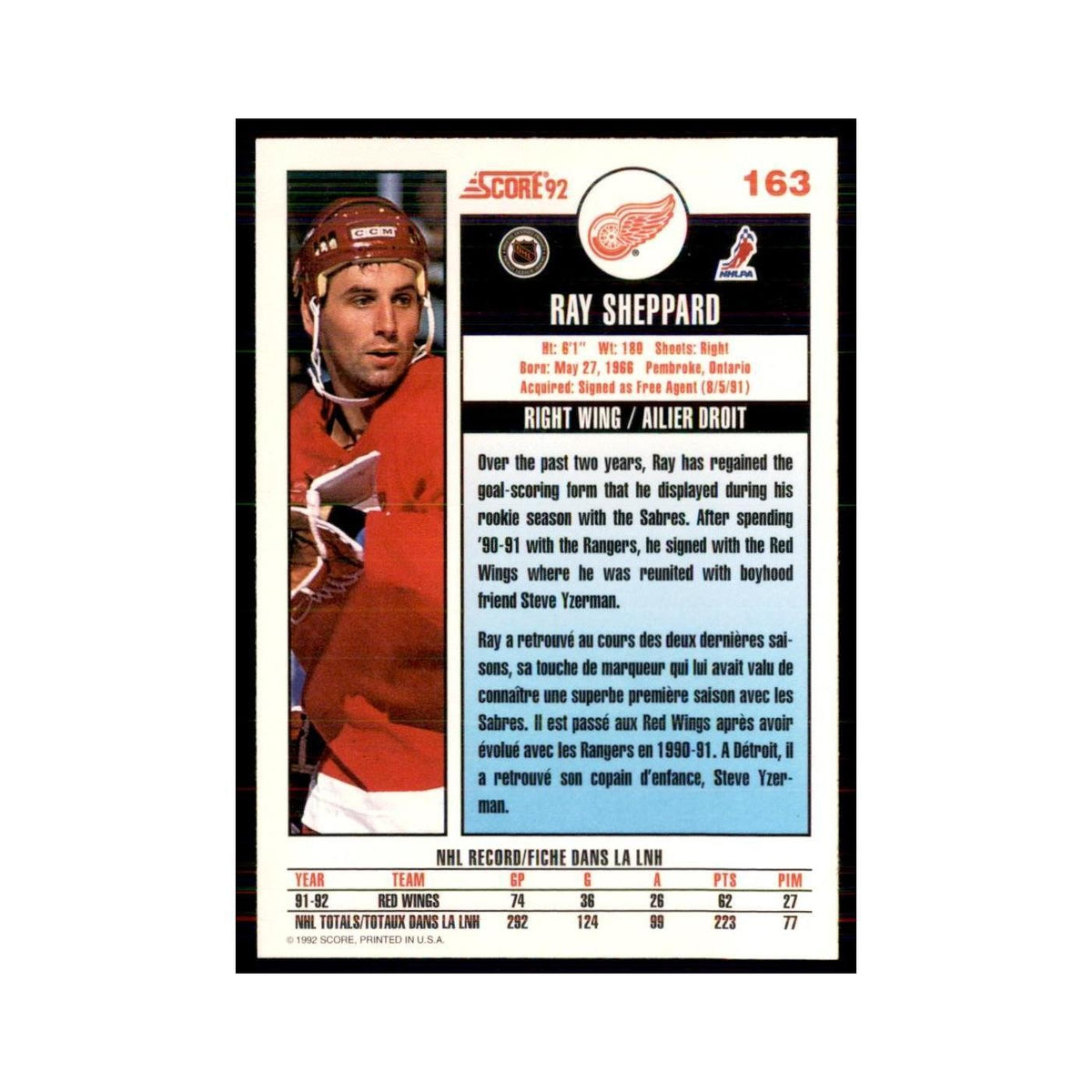 1992 Score Canadian Ray Sheppard Detroit Red Wings #163