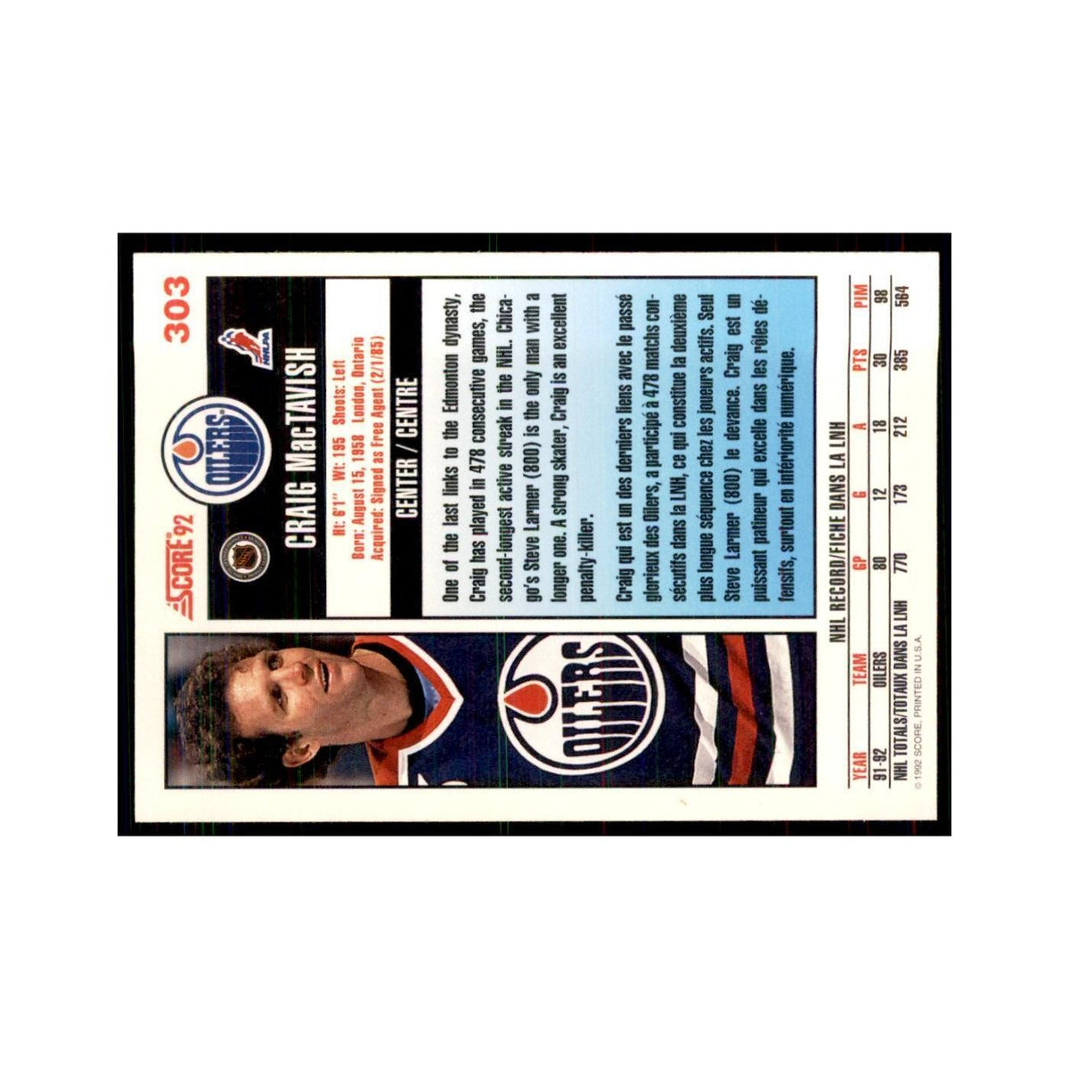1992 Score Canadian Craig MacTavish Edmonton Oilers #303