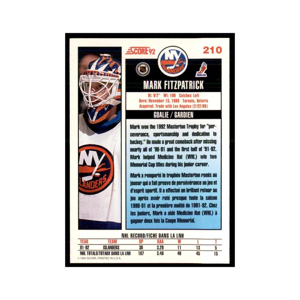 1992 Score Canadian Mark Fitzpatrick New York Islanders #210